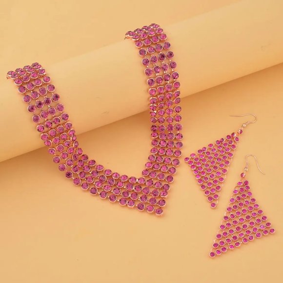 NIB Fuchsia Color Austrian Crystal Earrings and Princess Necklace in Rosetone - Picture 2 of 7
